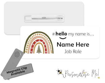 Hello My Name is Name Badge - Boho Christmas Tree Rainbow | Badge personnalisé | #bonjour je m'appelle... Insigne | Bobine d'identification en métal personnalisée