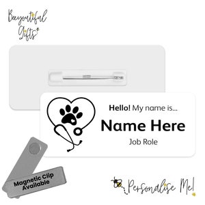 Hello My Name is Name Badge - Paw Print Stethoscope Personalised Premium Durable Name Badge | Veterinary Badge | Personalised Vet Name Badge