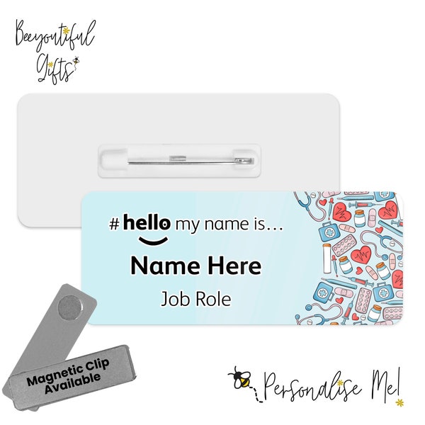 Hello My Name is Name Badge - Blue Cartoon Medical Items | Badge personnalisé | #bonjour je m'appelle... Insigne | Bobine d'identification en métal personnalisée