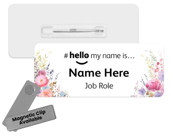 Hallo mijn naam is naambadge - aquarel bloemenranden | Gepersonaliseerde badge | #hallo mijn naam is... Badge | Gepersonaliseerde metalen ID-haspel