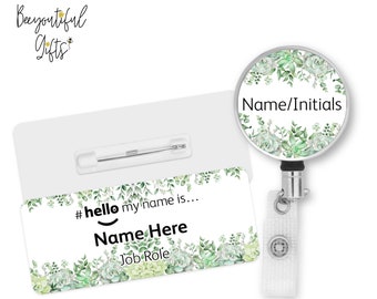 Hello My Name is Name Badge - Succulents Greenery Border | Personalised Badge | #hello my name is... Badge | Personalised Metal ID Reel