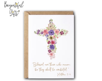 Sympathy Card - "Matthew 5:4" Floral Cross - Sympathy Card | With Sympathy Card | Thinking of You Card | Religious Card | Mourning Card