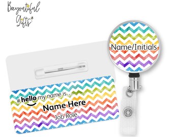 Hello My Name is Name Badge - Watercolour Rainbow Zig Zags | Personalised Badge | #hello my name is... Badge | Personalised Metal ID Reel