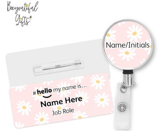 Hello My Name is Name Badge - Pink Daisy Background | Personalised Badge | #hello my name is... Badge | Personalised Metal ID Reel