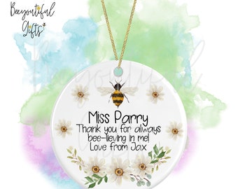 Personalised Watercolour Thank You For Bee-lieving In Me Teacher Round Ceramic Decoration