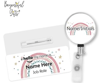 Hello My Name is Name Badge - Watercolour Rainbow & Stars | Personalised Badge | #hello my name is... Badge | Personalised Metal ID Reel