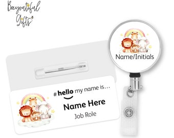 Hello My Name is Name Badge - Watercolour Cute Safari Animals | Personalised Badge | #hello my name is... Badge | Personalised Metal ID Reel