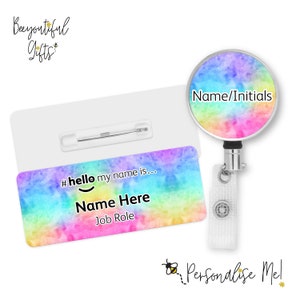 Hello My Name is Name Badge - Rainbow Watercolour | Personalised Badge | #hello my name is... Badge | Personalised Metal ID Reel