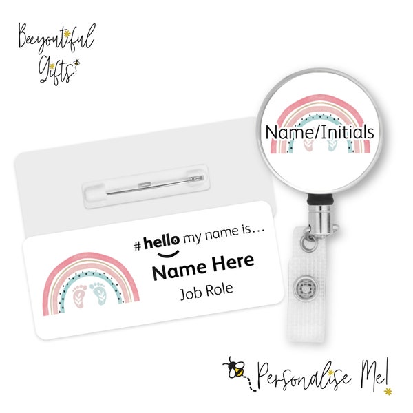 Hello My Name is Name Badge - Baby Boho Pink & Blue Rainbow | Badge personnalisé | #bonjour je m'appelle... Insigne | Bobine d'identification en métal personnalisée