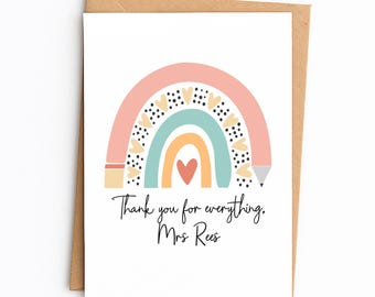 Personalised Thank You Teacher Card - "Thank You For Everything" - Teacher Card | End of School Year | TA Card | Thank You Teacher