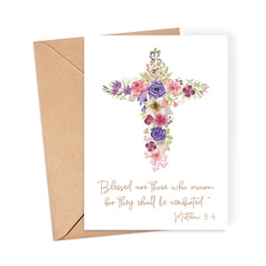 de sympathie - Croix florale « Matthieu 5:4 » - Carte de sympathie | avec carte de sympathie | Je pense à vous | carte religieuse | Carte de deuil