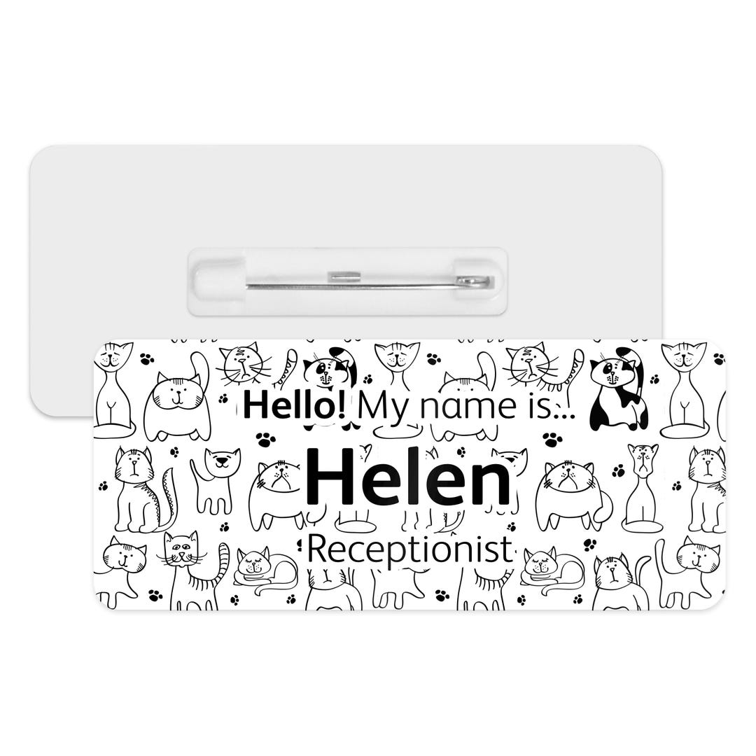 Hello My Name is Name Badge - Hand Drawn Monochrome Cats Personalised ...