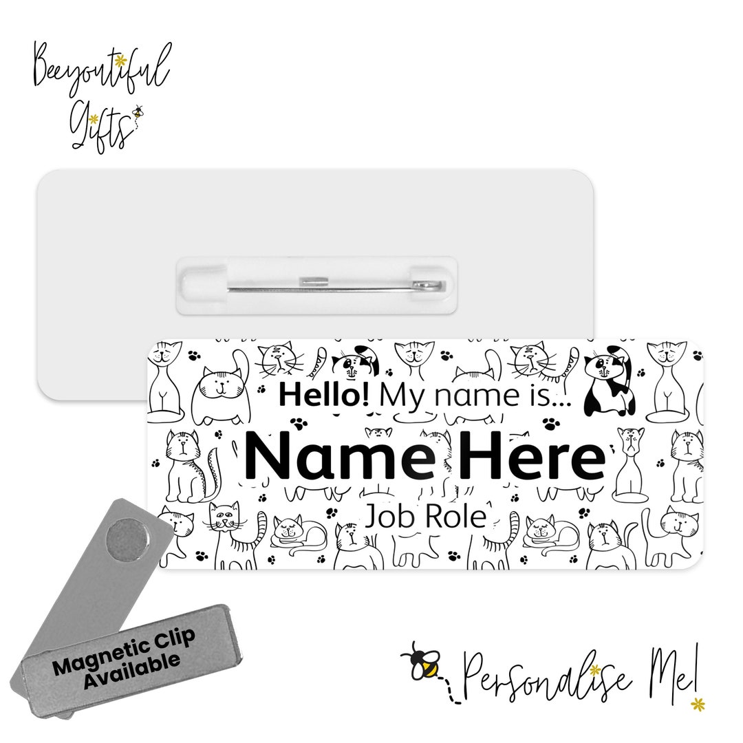 Hello My Name is Name Badge Hand Drawn Monochrome Cats Personalised ...