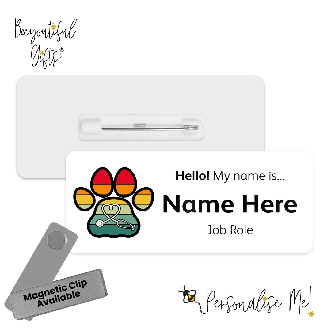 Hello My Name is Name Badge Retro Paw Print Stethoscope Personalised