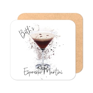 May include: White coaster with a brown cork backing. The coaster features a watercolor-style illustration of an espresso martini with the text "Beth's Espresso Martini" in black cursive.