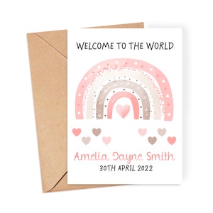 de naissance personnalisée - « Bienvenue dans le monde » arc-en-ciel rose - Carte de naissance | faire-part de naissance | Carte de félicitations