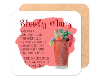 Bloody Mary Cocktail Recipe Coaster | Bloody Mary Coaster | Home Bar Coaster | Drink Ingredient Coaster | Cocktail Recipe Gift
