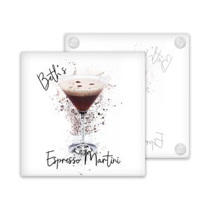 May include: White square coaster with a black and white watercolor design of an espresso martini cocktail. The text "Beth's Espresso Martini" is printed on the coaster.