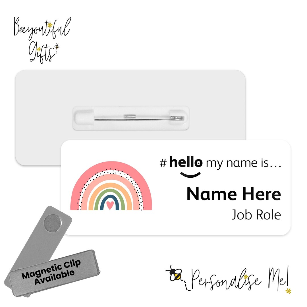 Hello My Name is Name Badge Cute Boho Rainbow Personalised Badge hello ...