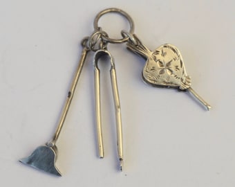 French Antique Dollhouse Miniature Sterling Silver 3 Fireplace Tools Set - Children Old Toy - Doll Furniture Fireplace Accessories