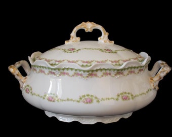 French Antique  Limoges Soup Tureen Small Pink Roses