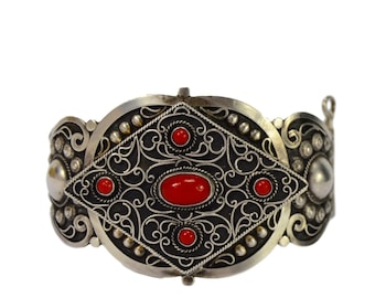 French Antique Berber Sterling Silver & Coral Bracelet, Oriental Cuff Bracelet, Kabyle Bracelet, Ethnic Jewellery