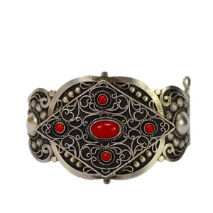 French Antique Berber Sterling Silver & Coral Bracelet, Oriental Cuff Bracelet, Kabyle Bracelet, Ethnic Jewellery