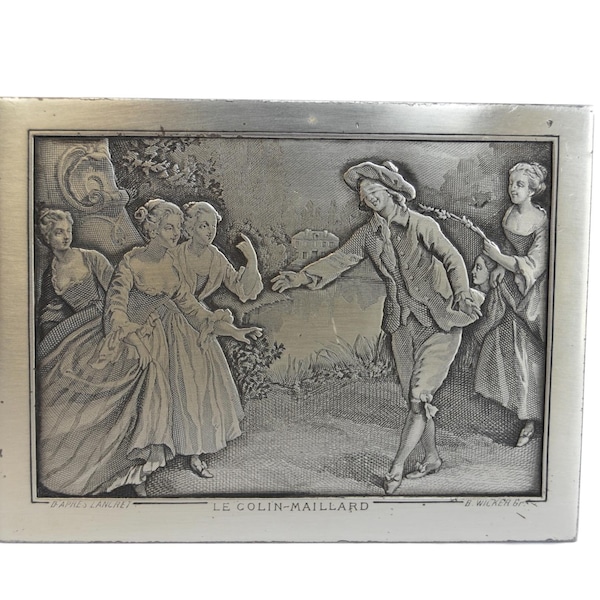 Français Antique Gravé Silver Jewelry Trinket Box Par B. Wicker - « Blind Man’s » After Nicolas Lancret Silver Etched Lid - Beauty Box