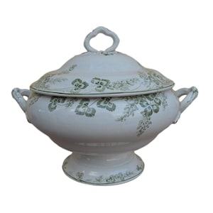 Antique French Creil & Montereau White Ironstone Tureen - Richelieu Green Pattern -  19th century Lidded Soup Tureen - Shabby Chic Country