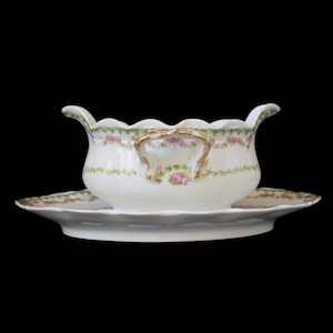 French Antique Limoges Porcelain Sauceboat Gravy Boat Small Pink Roses Decor