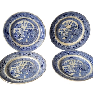 Antique English Set of 4 Blue Willow Adams & Sons Dinner Plates
