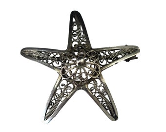 Vintage French Filigree Sterling Silver Brooch Star