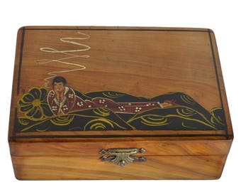 French Art Deco Hand Painted Wood Jewelry Trinket Box -  Japanese Art Deco Cigarette Case Box - Card Case Box - Cigar Box