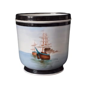 Antique French Porcelain  Of Old Paris Jardiniere  Cache Pot with Hand Painted Boats 19th Century