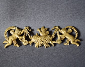 Antique French Shabby Chic Bronze Pediment With  Birds Angels