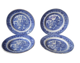 Antique English Set of 4 Blue Willow Adams & Sons Dinner Plates