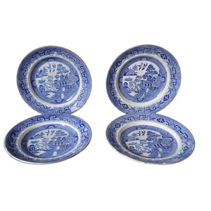 Antique English Set of 4 Blue Willow Adams & Sons Dinner Plates