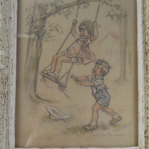 Grabado vintage enmarcado en francés por Germaine Bouret Ilustradora - Walt Disney Cartoon - Girl Boy Swing Children Kids