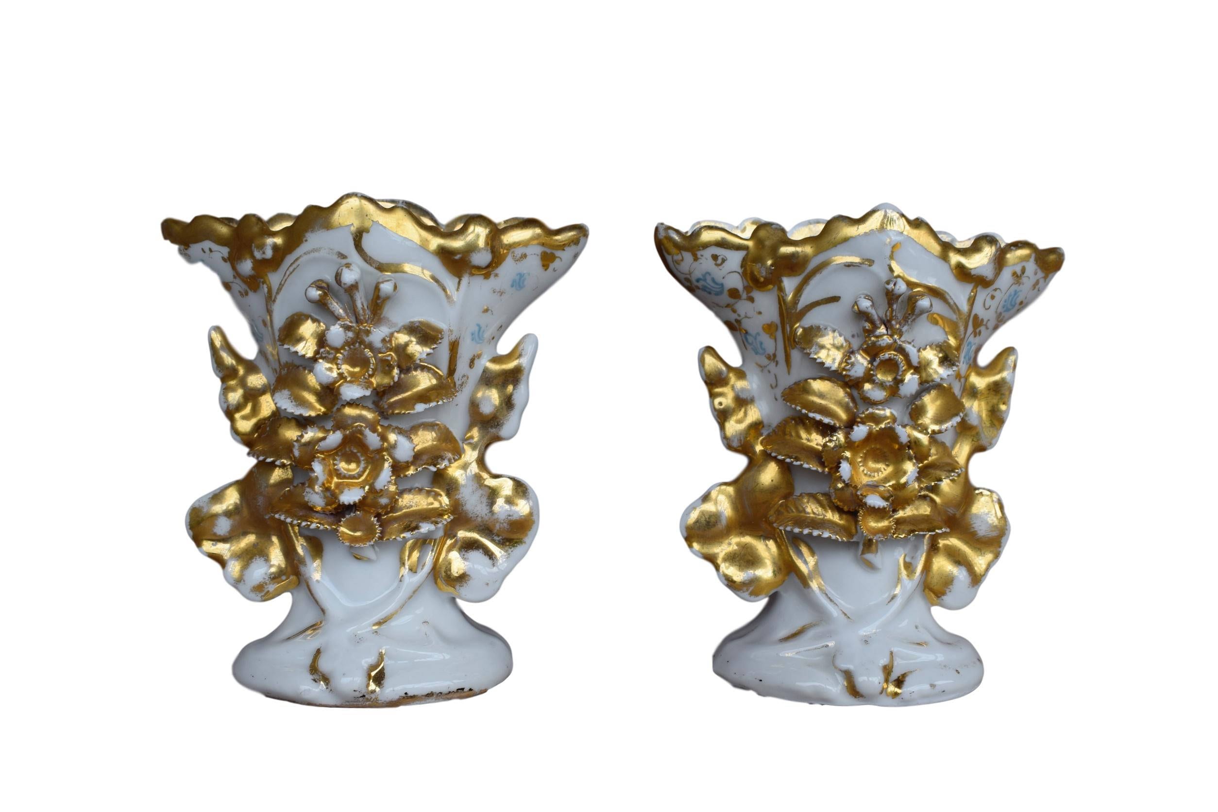 Ancien Français Porcelaine Ancienne Paire de Vases Paris - Or et Blanc Mariage Vase 19Ème Siècle
