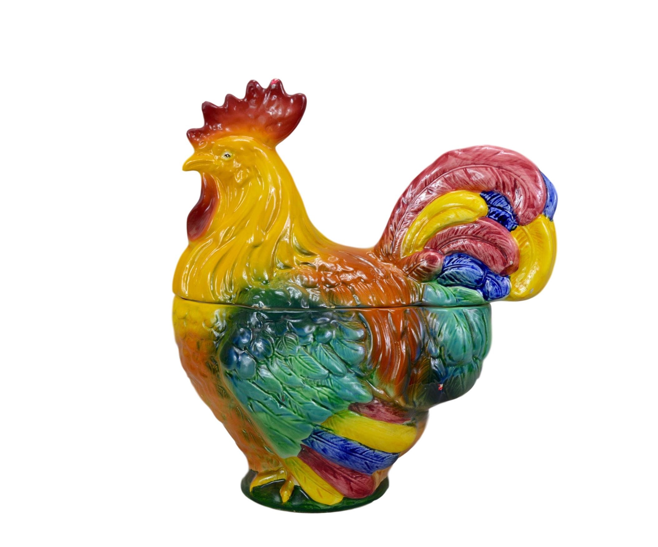 Vintage Hand Painted Rooster Terrine - Vintage Allemand Majolica Faience Lidded Box European Rustic 