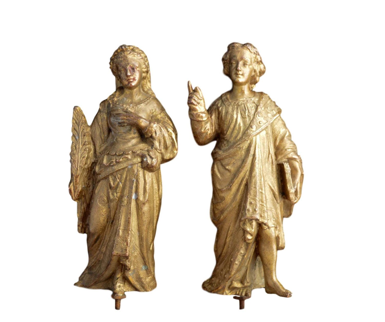 Antique Français Gilt Spelter Paire de Statue - Jeune Homme Noble et Figure Femme Décoration à La Ma