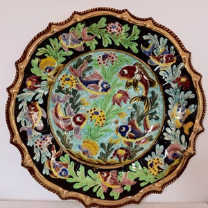 French Vintage Cerdazur Monaco Majolica Large Wall Plate - Mediterranean Colourful Fish Plate - Kitsch Decor