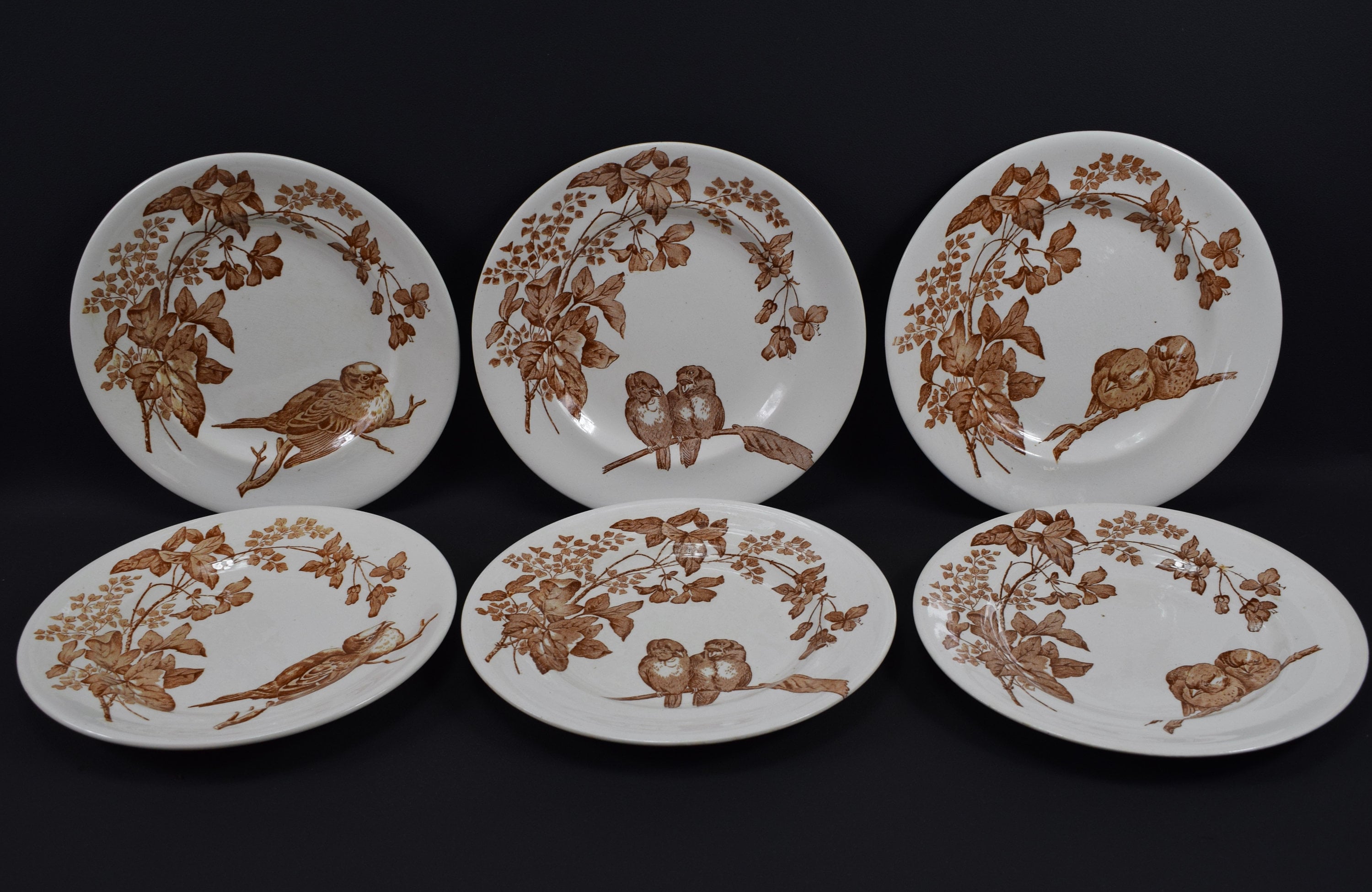 Ensemble de 6 Français Assiettes à Dîner Longwy Ironstone avec Décor d'oiseau et Feuillage Moineau