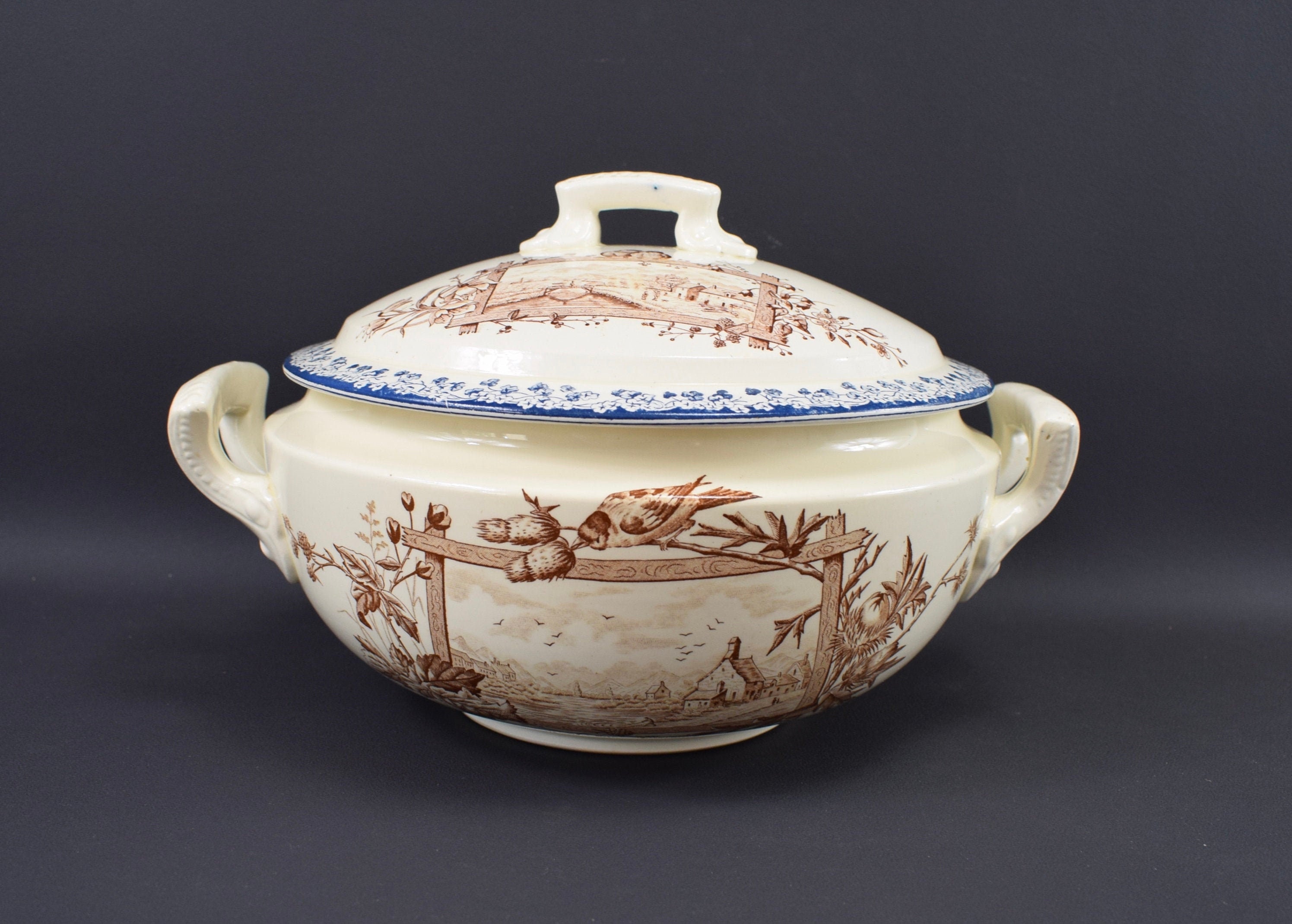 Français Antique Birds Transferware Tureen Plat de Légumes Couverts 19E. C