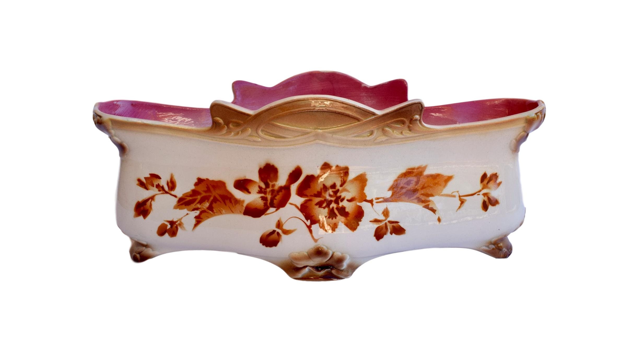 Réservé Nilam-Français Art Nouveau Majolique Jardiniere Cache Pot Pièce Maîtresse avec Fleur d'orang