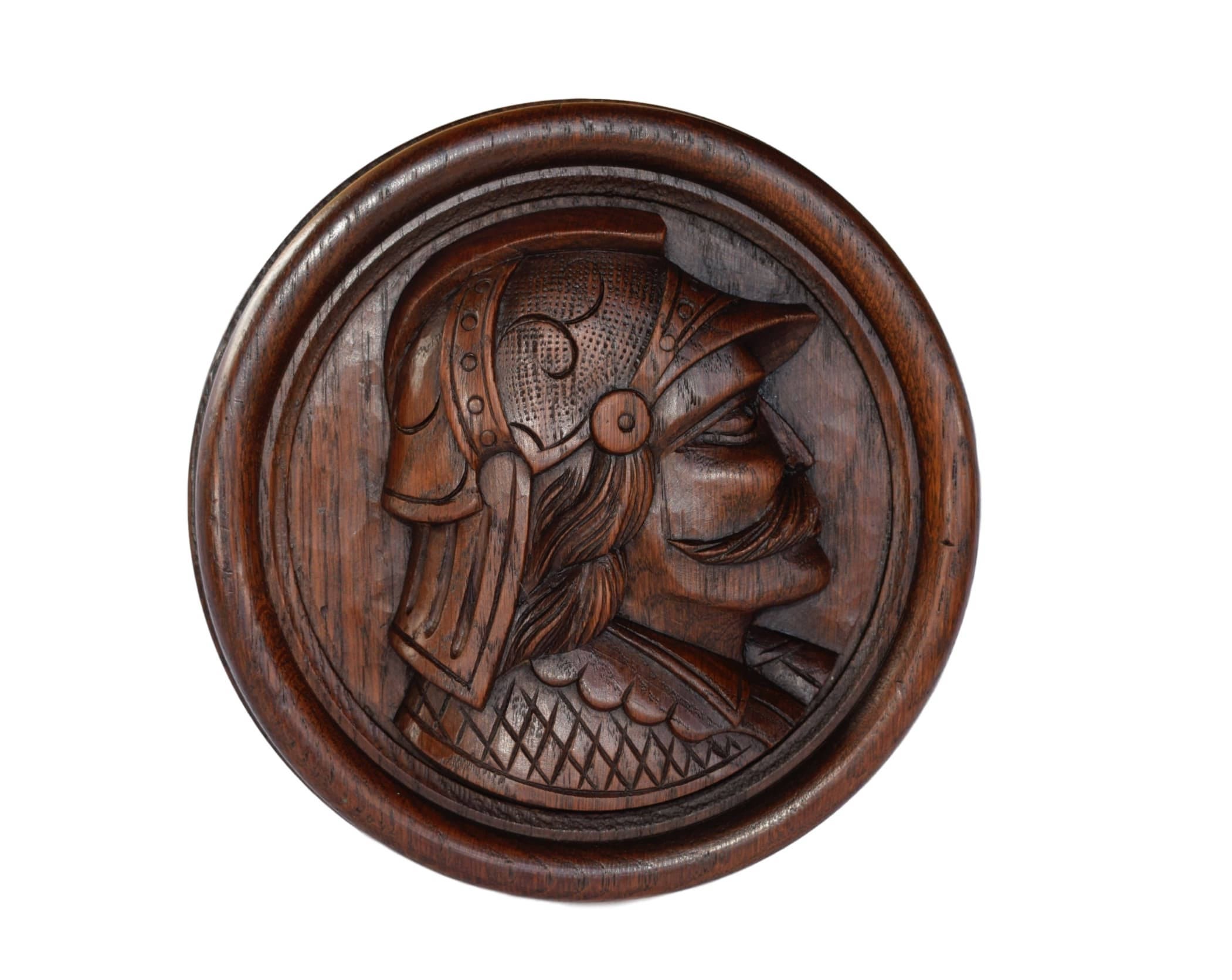 Médaillon en Bois Sculpté Main Architectural Antique Français - Man Face Sculpture Mur Remise