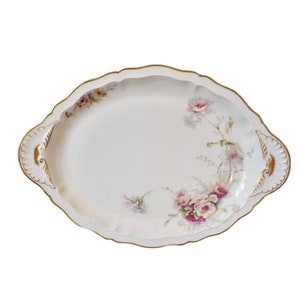 フランスのヴィンテージ リモージュ 磁器 プレート プラッター、テオドール ハビランド作、ピンクと白の花柄の取っ手付きプラッター、ゴールド サービング トレイ