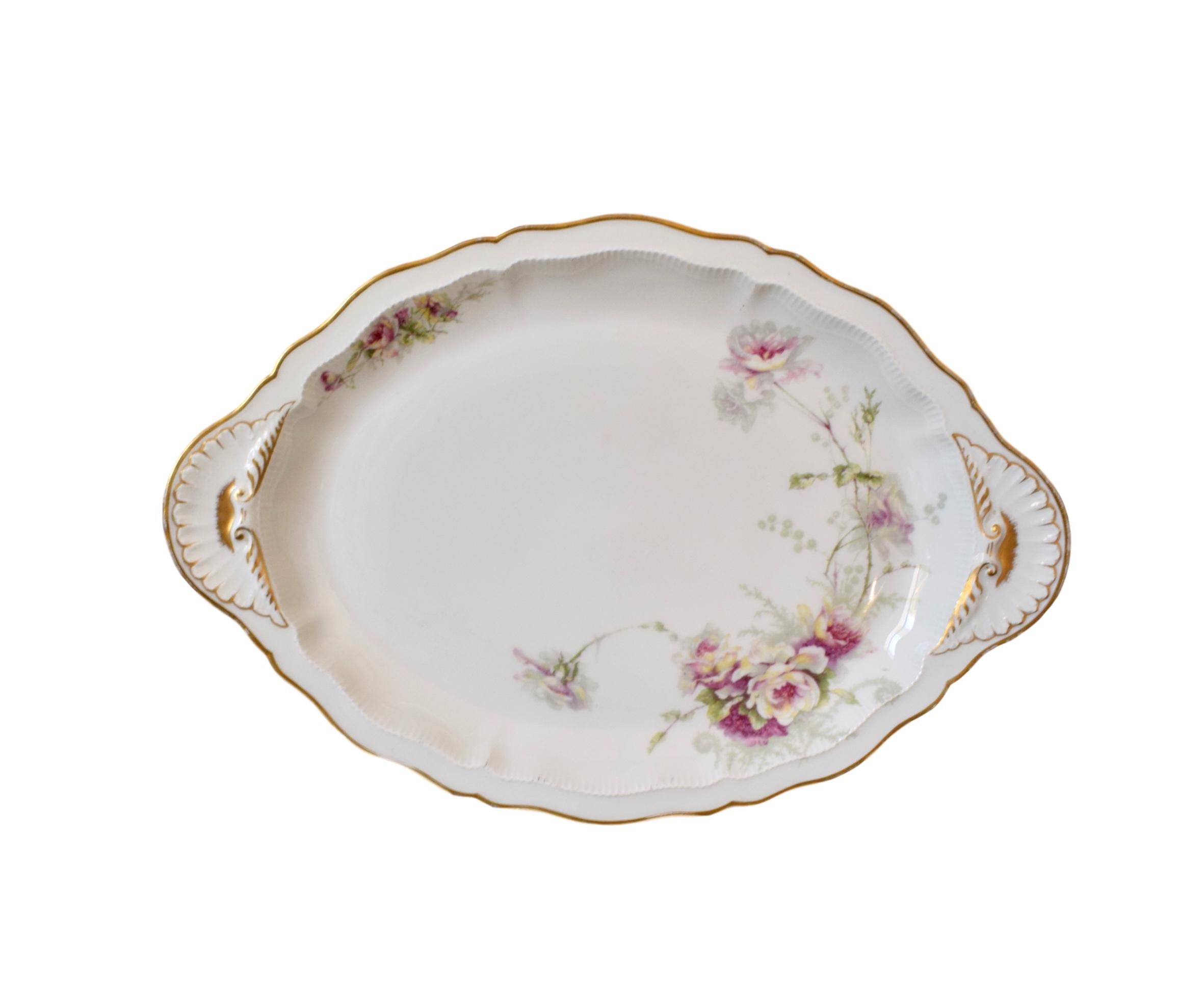 Français Vintage Limoges Porcelaine Assiette Plateau, Or Par Théodore Haviland, Rose et Blanc Fleurs