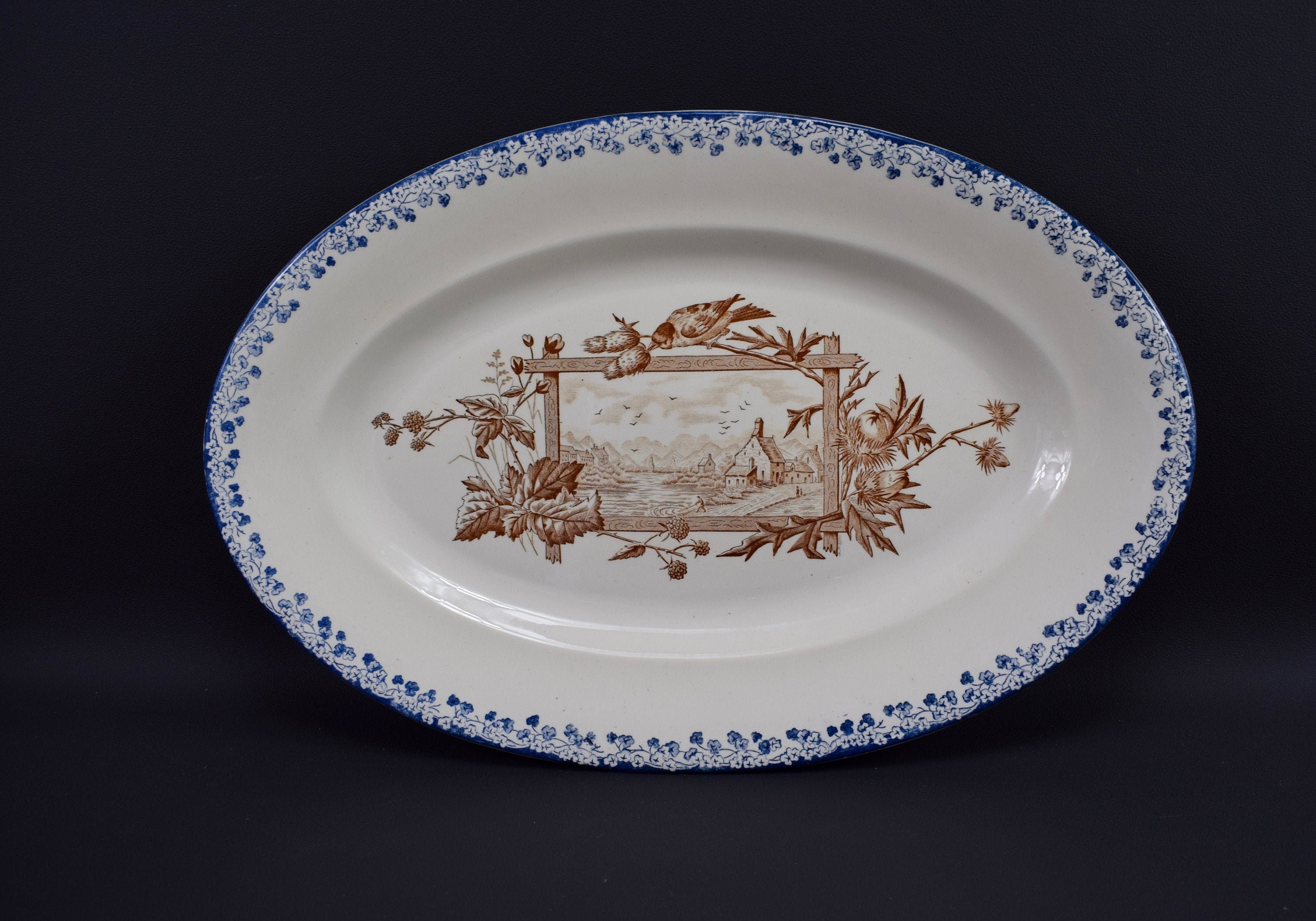 Français Assiette de Transfert d'oiseaux Antiques Servant Le Plateau Plat 19Ème. C Paysage