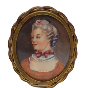 French Vintage Hand Painted Miniature Portrait Brooch - Pin Brooch - French Lady Miniature - French Fine Jewelry